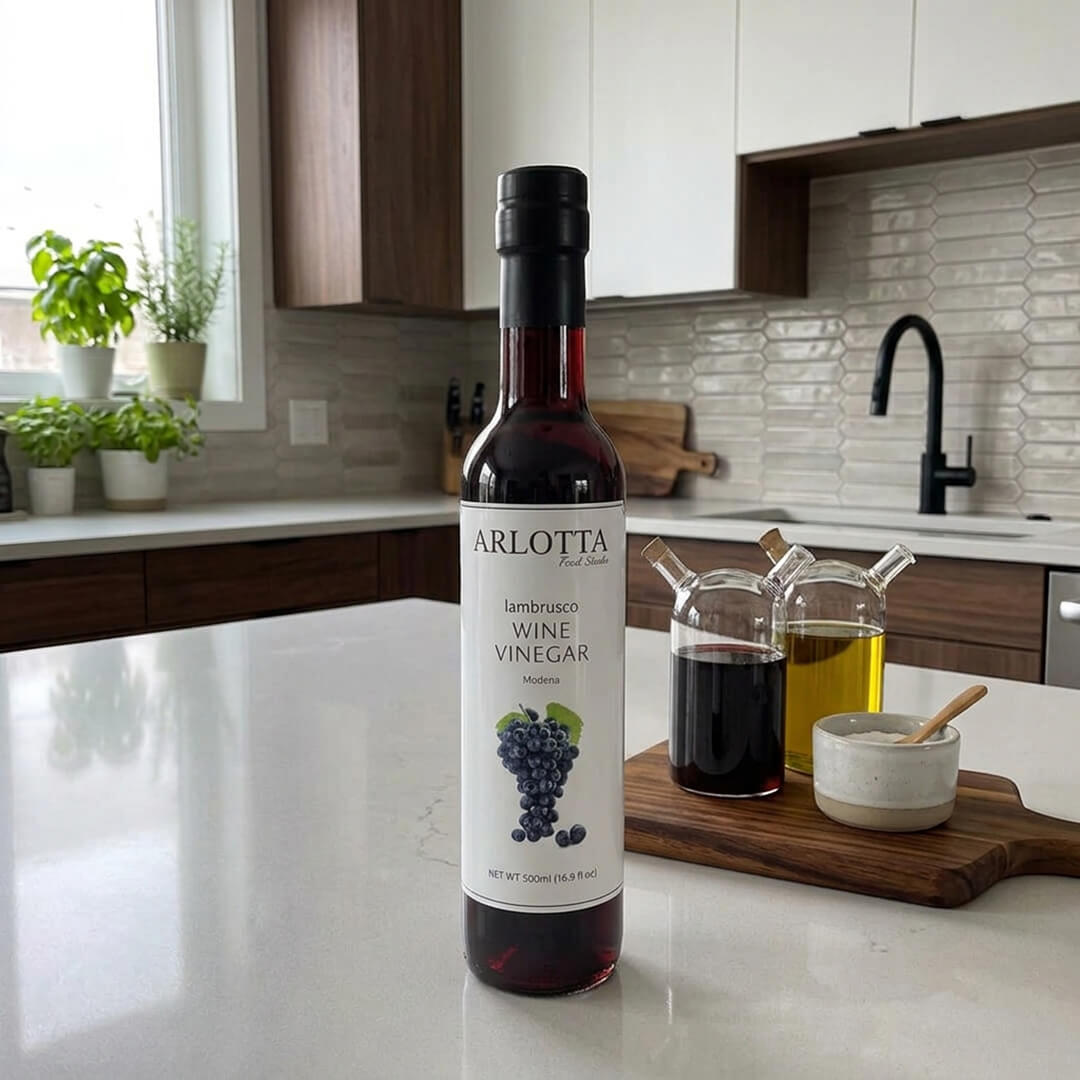 Arlotta Organic Lambrusco Balsamic Vinegar in a kitchen setting