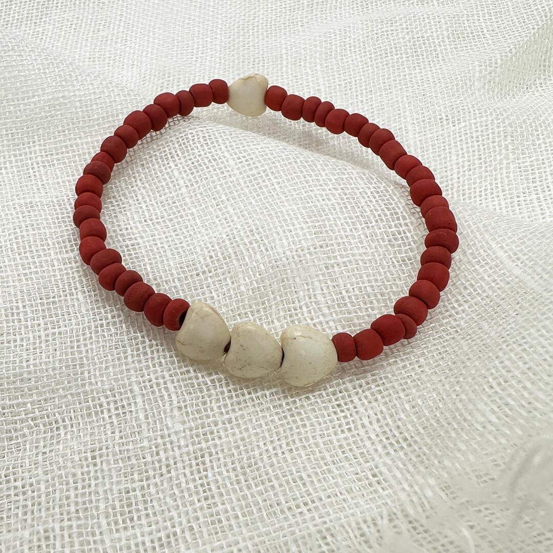 Handmade Red Ceramic Bracelet with Howlite Hearts | Made in USA