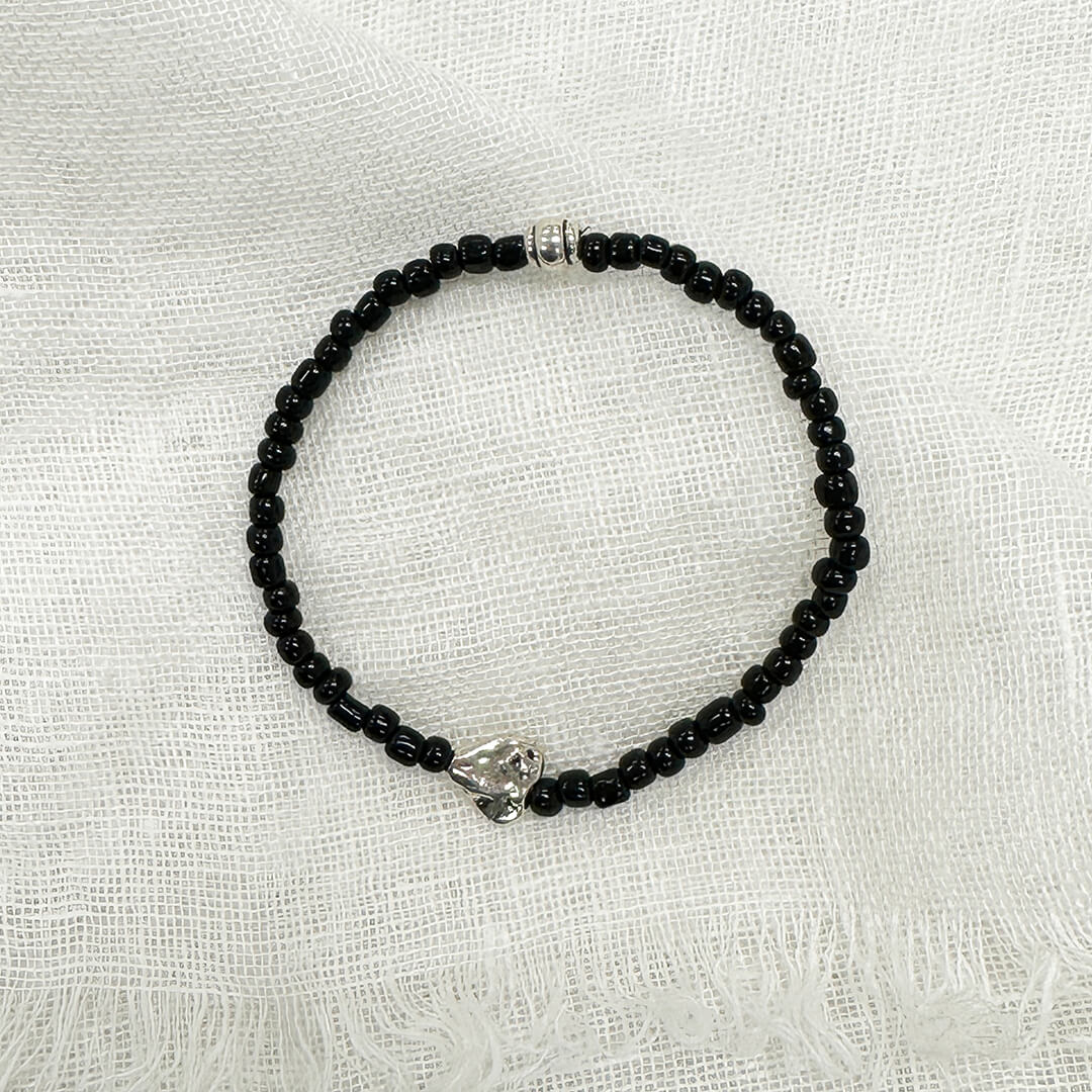 Black Glass Bracelet with Silver Heart | Handmade Jewelry