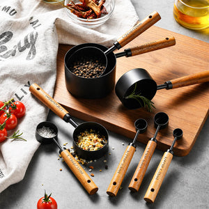 Black Stainless Steel Measuring Cups with Wooden Handles