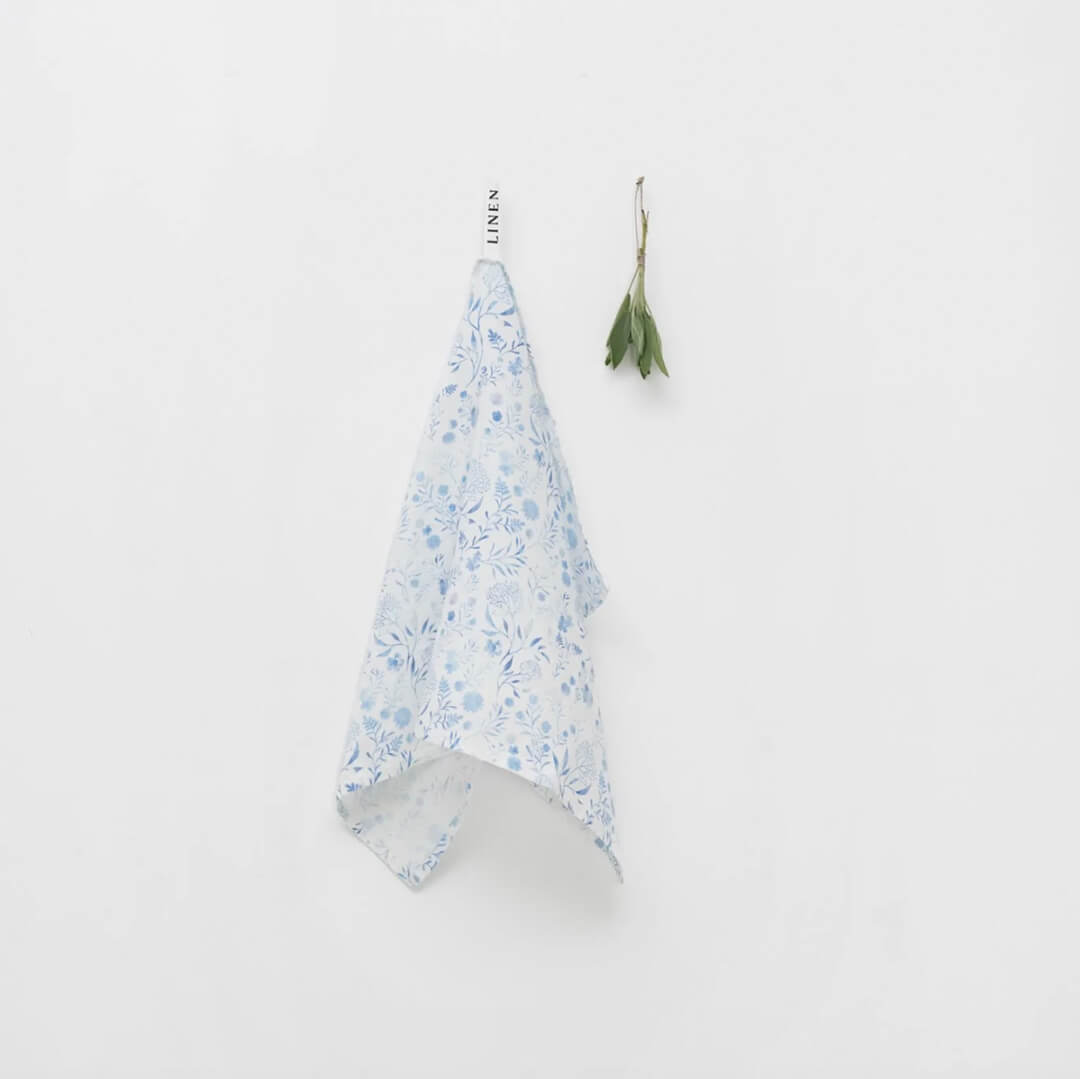 Linen Tales Blue on White Botanical Stone Washed Linen Kitchen Towel