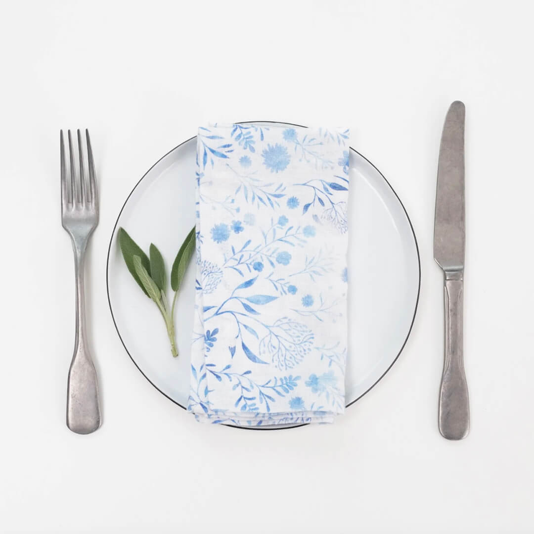 Linen Tales Blue on White Botanical Stone Washed Napkins