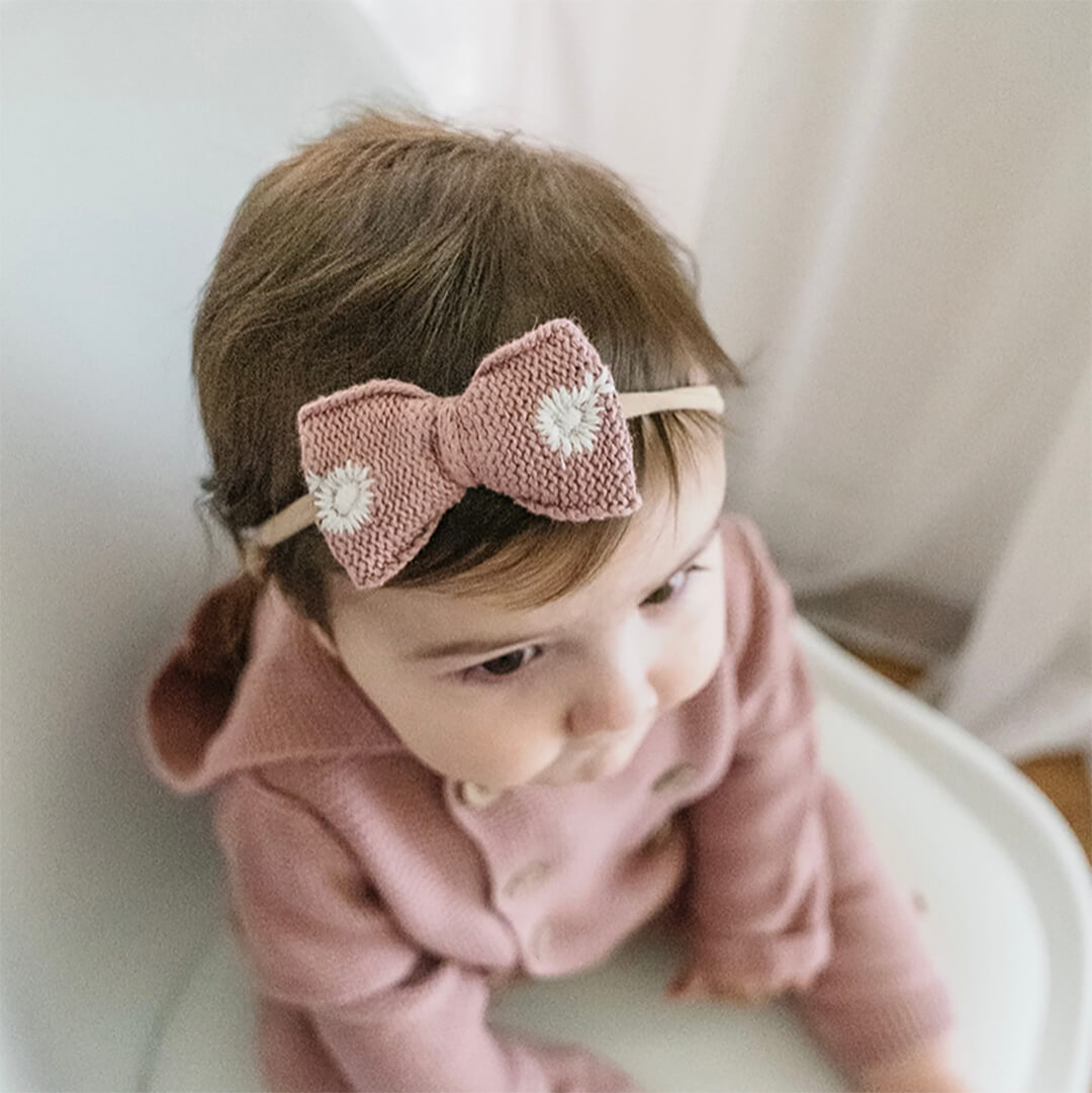 Embroidered Knit Bow Baby Headband Vintage Rose