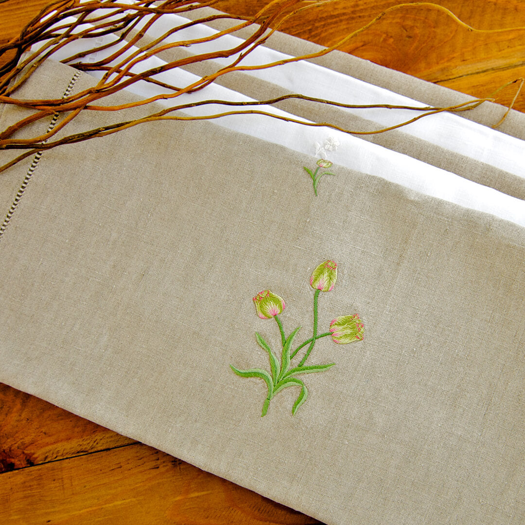 Gordonsbury natural linen table runner with tulip embroidery