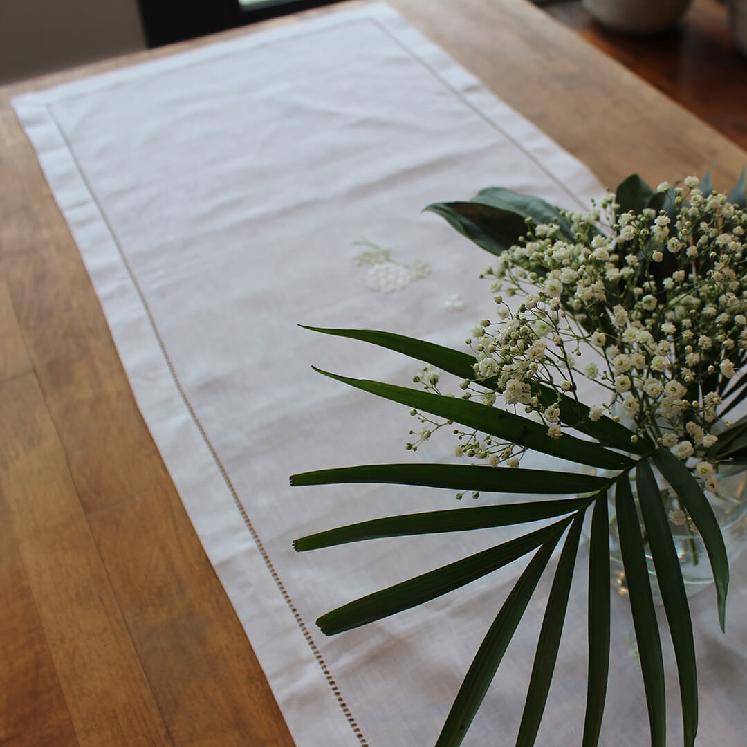 Gordonsbury natural linen table runner with hydragea embroidery