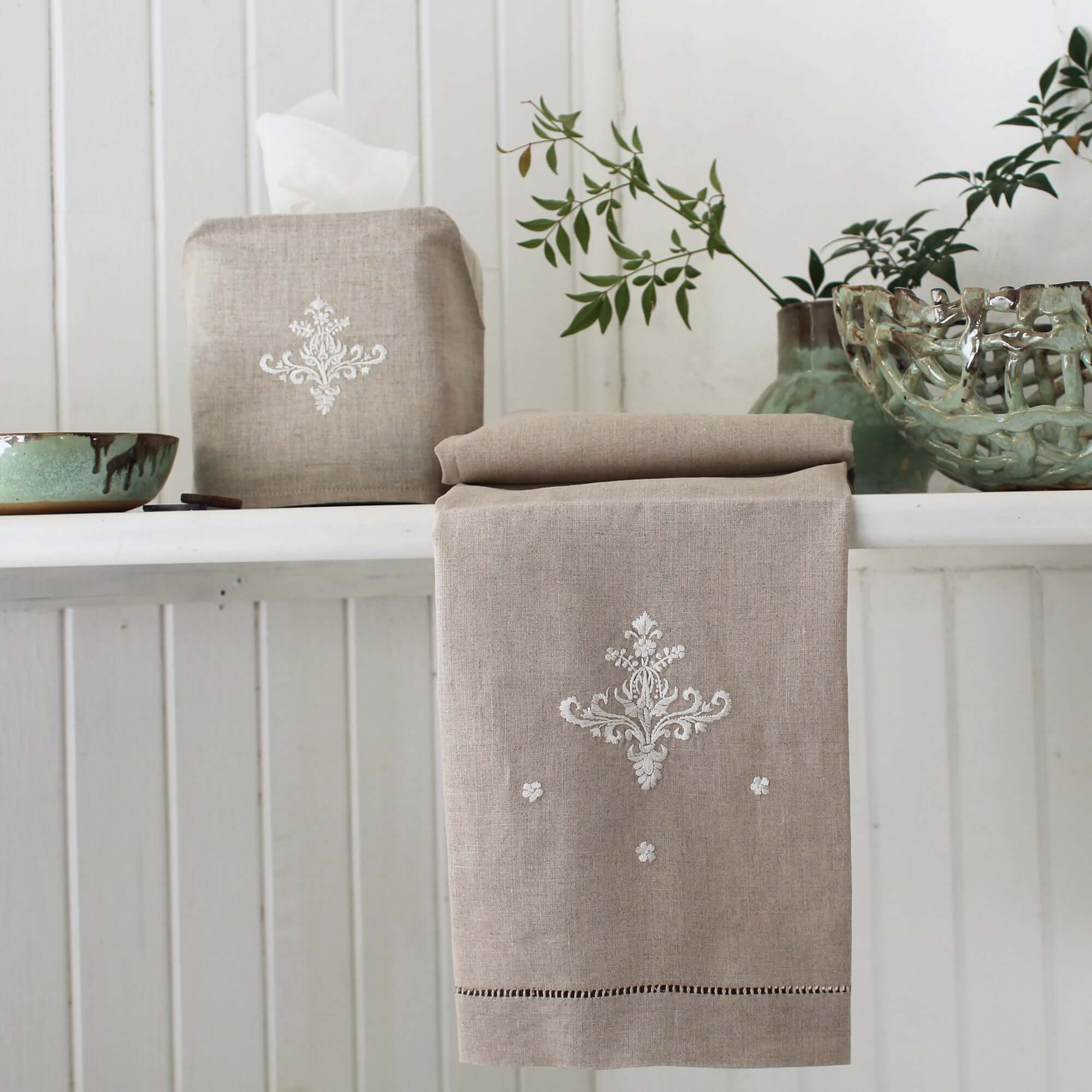 Hand Embroidered Linen Guest Towel - Ornament on Natural