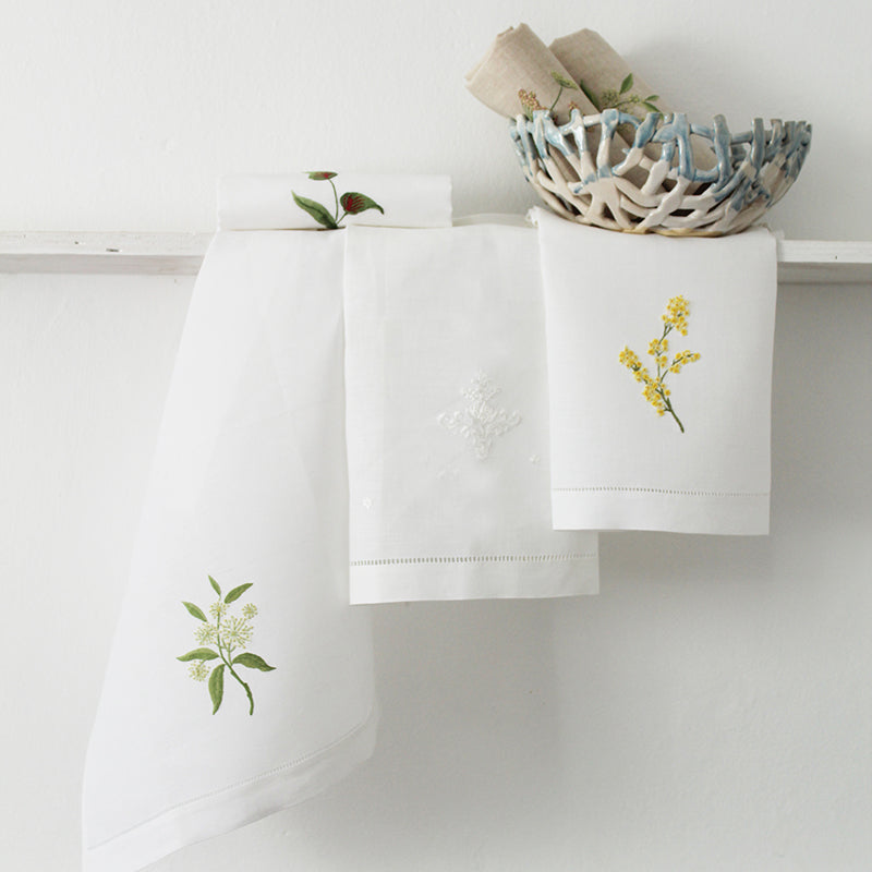 Hand Embroidered Linen Guest Towel – Elder Flower on White