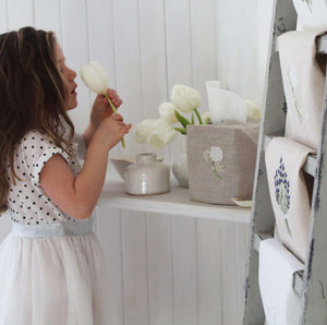 Hand Embroidered Linen Guest Towel – Hydrangea on Natural