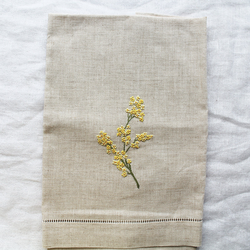 Hand Embroidered Linen Guest Towel – Mimosa on Natural
