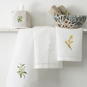 Hand Embroidered Linen Guest Towel – Mimosa on White