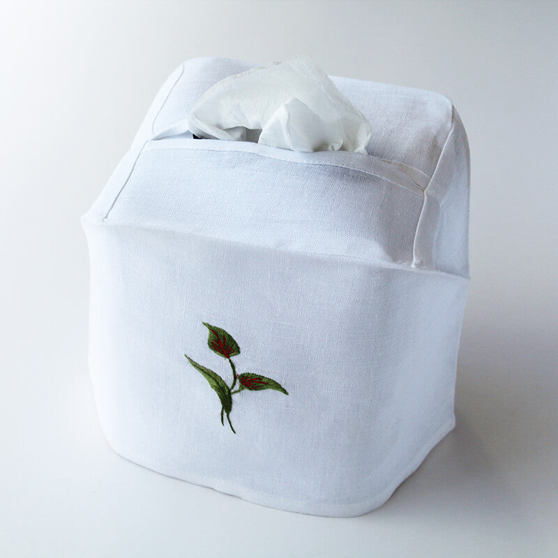 Hand Embroidered Linen Tissue Box Cover - Flamingo Flower White