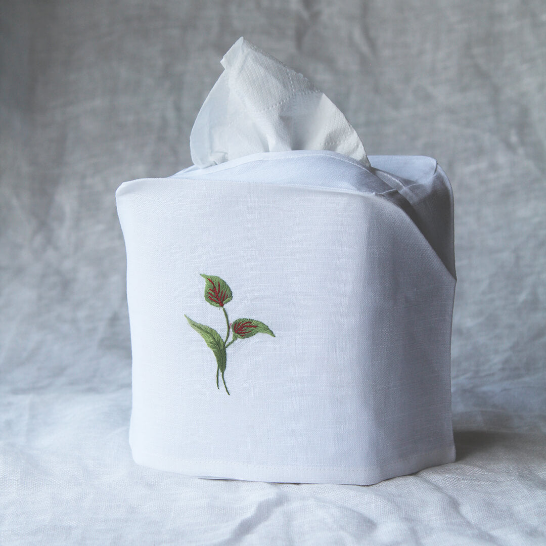 Hand Embroidered Linen Tissue Box Cover - Flamingo Flower White