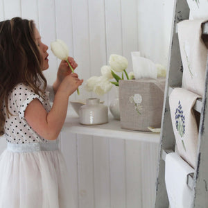 Hand Embroidered Linen Tissue Box Cover - Hydrangea Natural