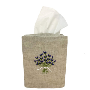 Hand Embroidered Linen Tissue Box Cover - Lavender Natural