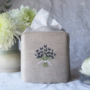 Hand Embroidered Linen Tissue Box Cover - Lavender Natural
