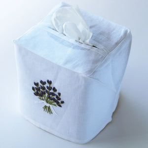 Hand Embroidered Linen Tissue Box Cover - Lavender White