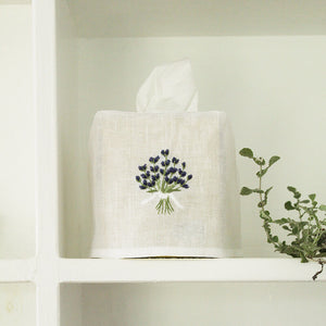 Hand Embroidered Linen Tissue Box Cover - Lavender White