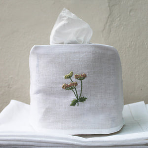Hand Embroidered Linen Tissue Box Cover - Meadow Flower White