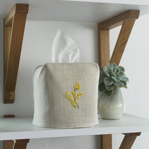 Hand Embroidered Linen Tissue Box Cover - Mimosa Flower Natural