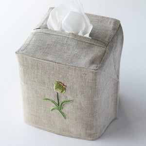 Hand Embroidered Linen Tissue Box Cover - Tulip Natural
