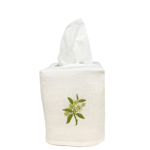 Hand Embroidered Linen Tissue Box Cover Elderflower White