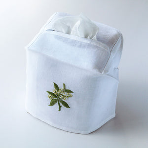 Hand Embroidered Linen Tissue Box Cover Elderflower White