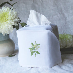 Hand Embroidered Linen Tissue Box Cover Elderflower White