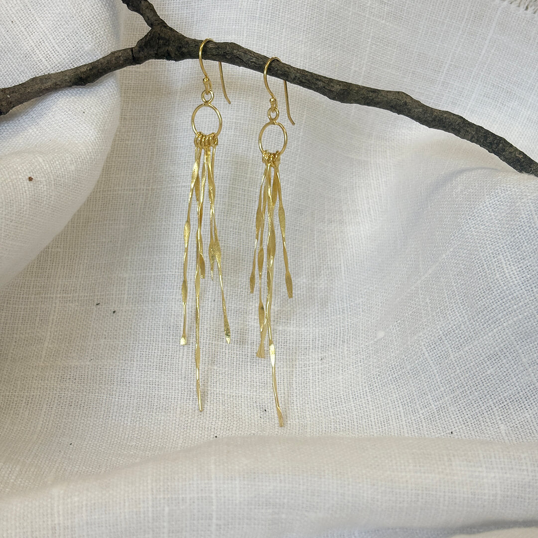 Handmade gold fringe earrings with cascading textured strands – artisan long drop statement jewelry gift for women