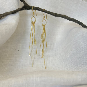Handmade gold fringe earrings with cascading textured strands – artisan long drop statement jewelry gift for women