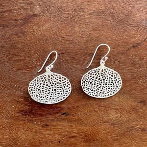 Handmade sterling silver lace earrings with delicate openwork texture – artisan nature inspired silver drop jewelry gift for women