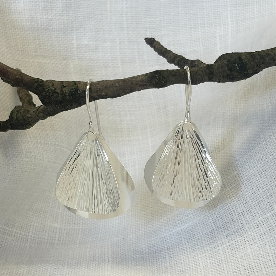 Handmade sterling silver textured petal earrings with layered artisan design – nature inspired silver statement jewelry gift for women