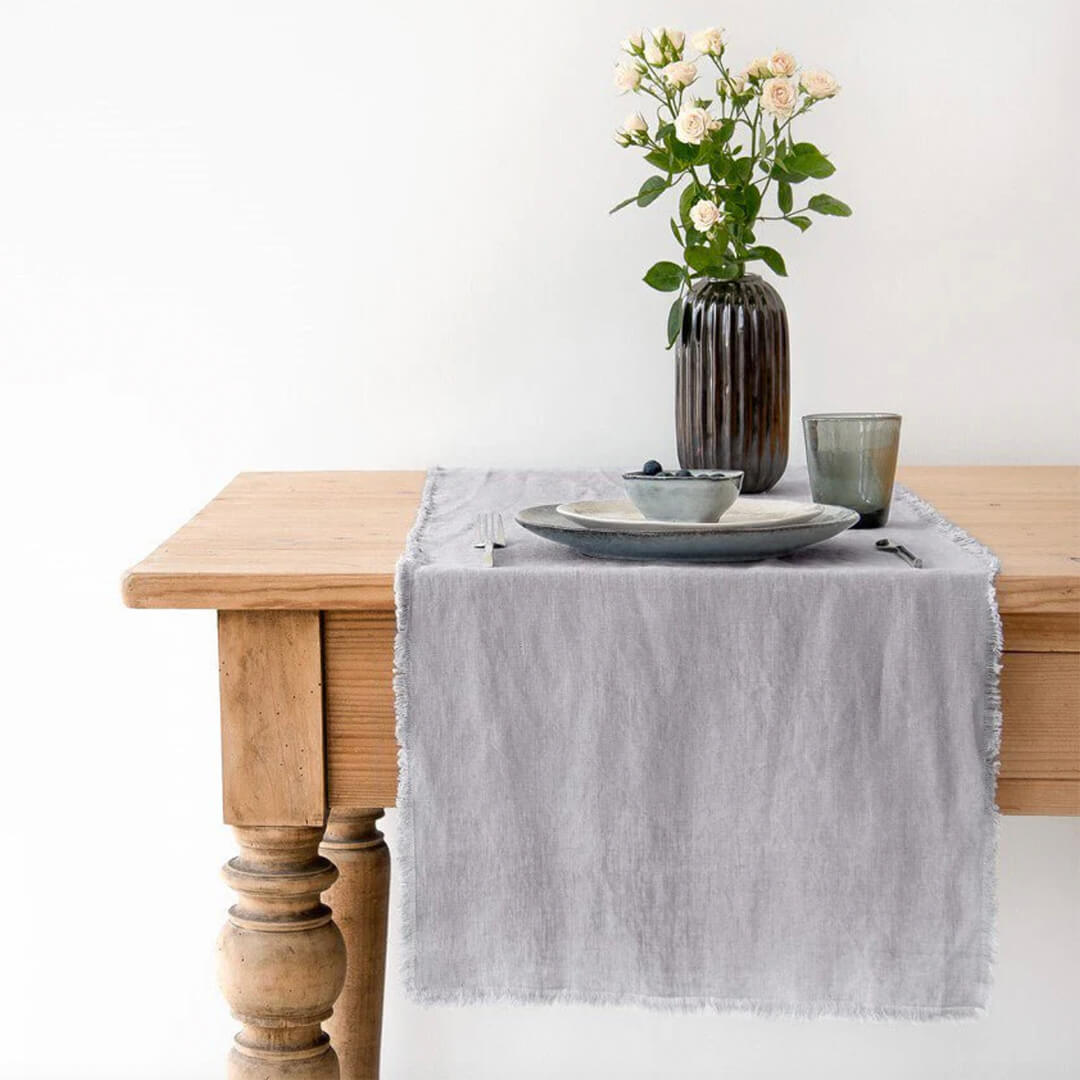 Linen Tales Light Grey Table Runner with Fringe