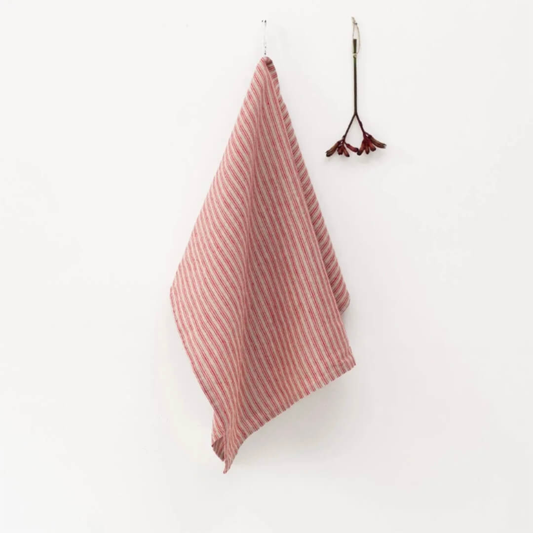 Linen Tales Red & Natural Stripe Linen Kitchen Towel