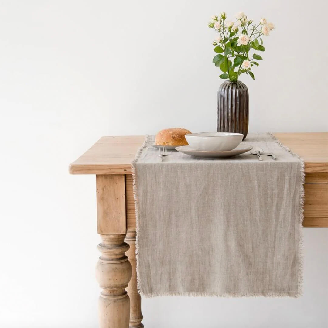 Linen Tales Natural Table Runner with Fringe