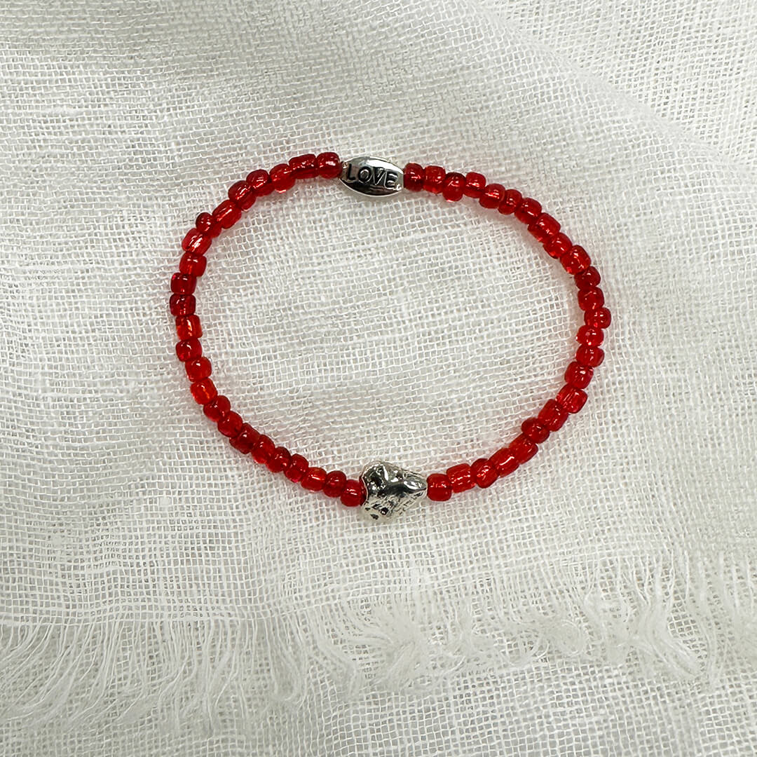 Red Glass Bracelet with Silver Heart | Handmade Jewelry