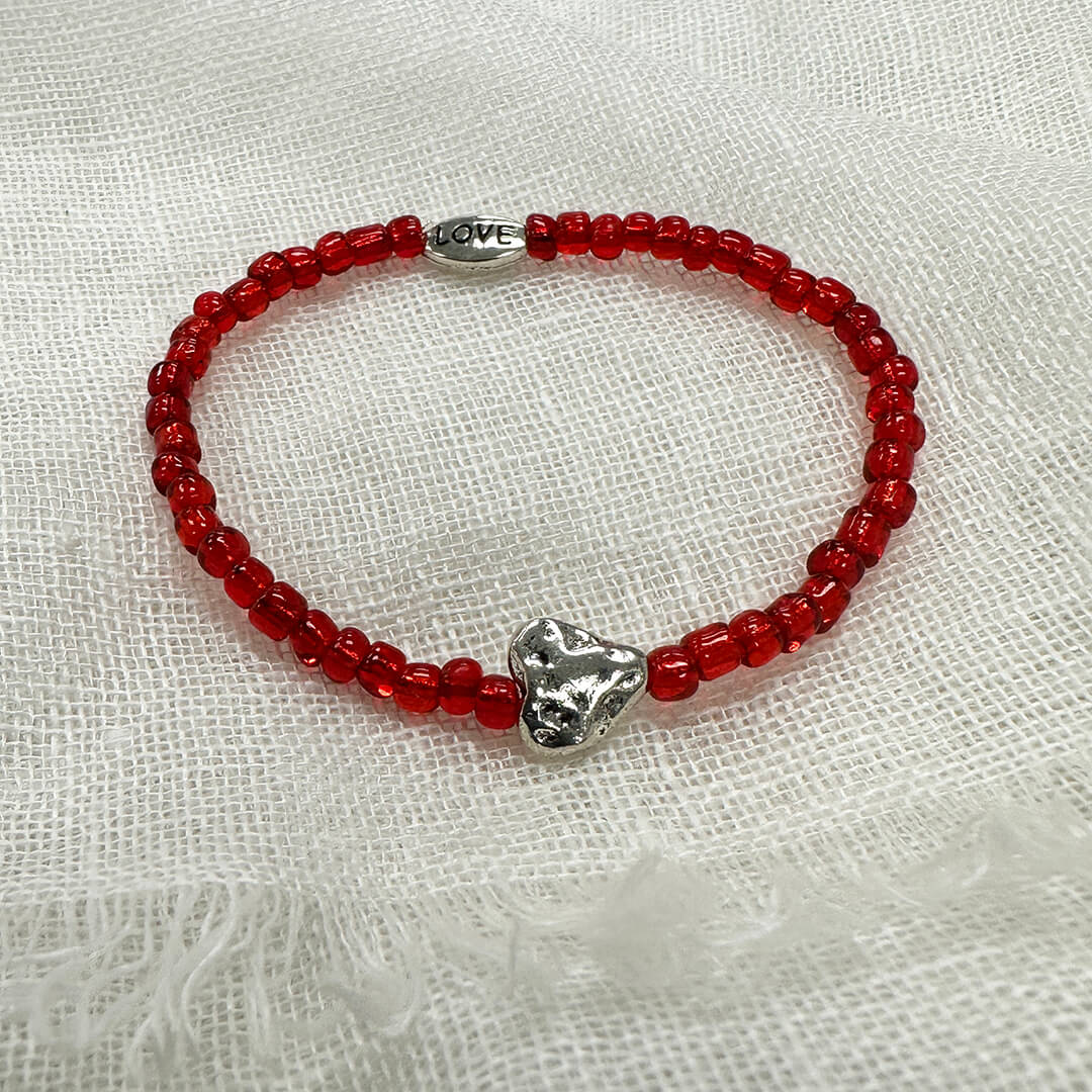 Red Glass Bracelet with Silver Heart | Handmade Jewelry