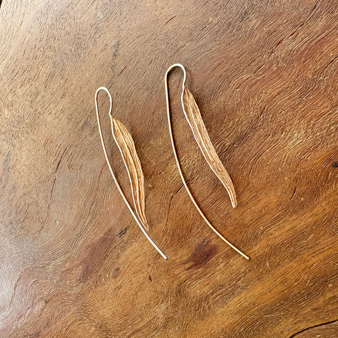 Handmade rose gold plated sterling silver leaf earrings with long textured botanical design – lightweight artisan jewelry gift for women