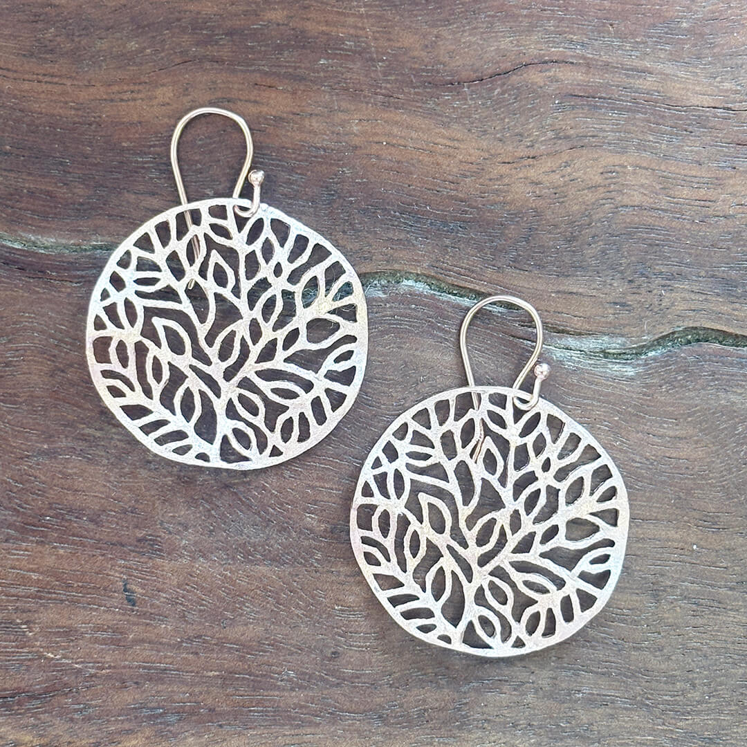 Handmade rose gold Tree of Life earrings with delicate leaf openwork design – nature inspired artisan jewelry gift for women