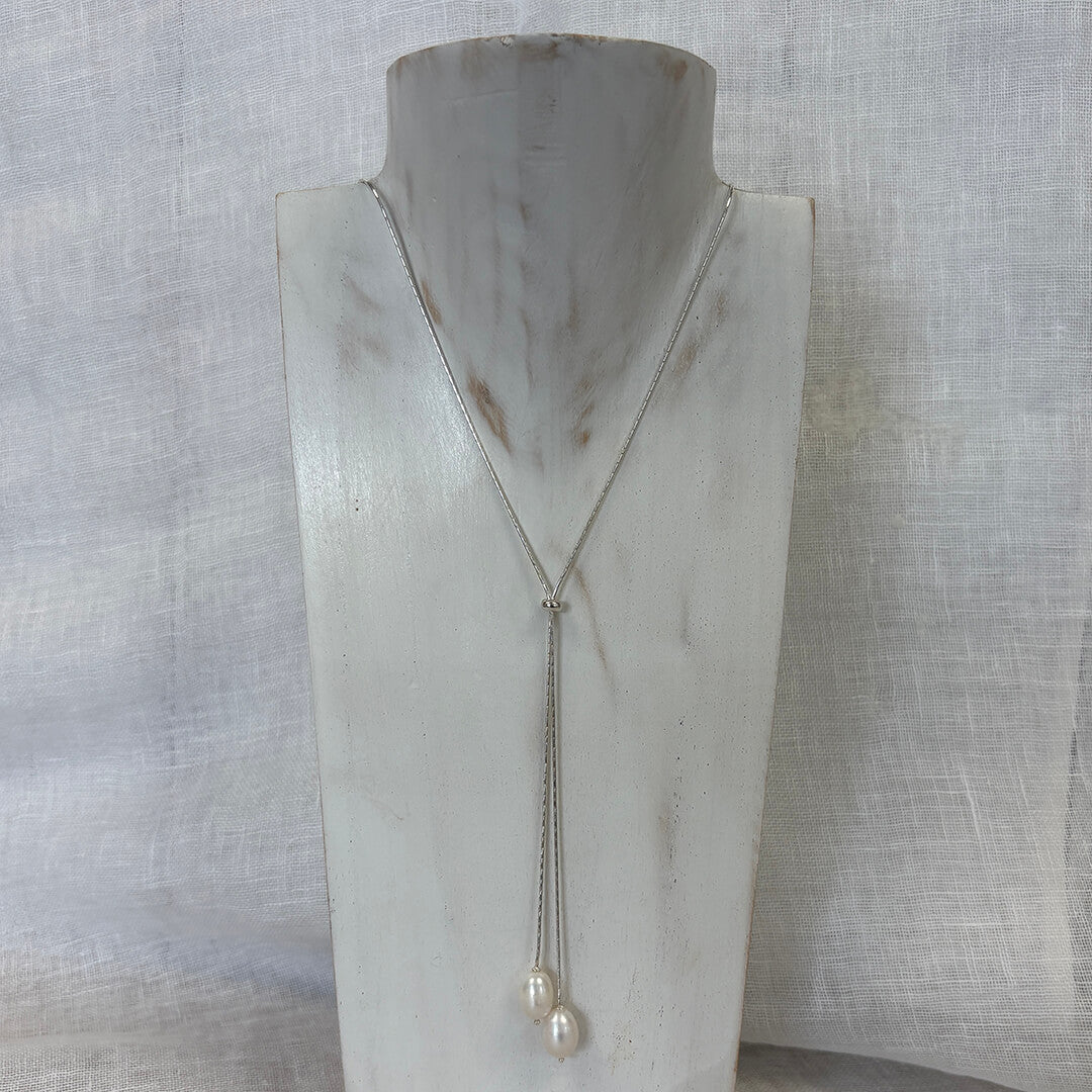 Silver Double Pearl Lariat Necklace | Handmade Freshwater Pearl Necklace