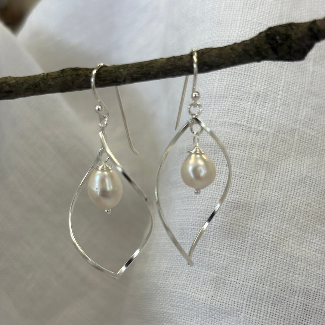 Handmade sterling silver freshwater pearl earrings with elegant organic silver design – artisan pearl drop jewelry gift for women