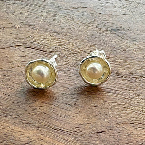 Handmade sterling silver freshwater pearl stud earrings with organic artisan silver setting – timeless pearl jewelry gift for women