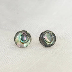 Handmade sterling silver Mother of Pearl stud earrings with organic artisan bezel setting – timeless shell jewelry gift for women