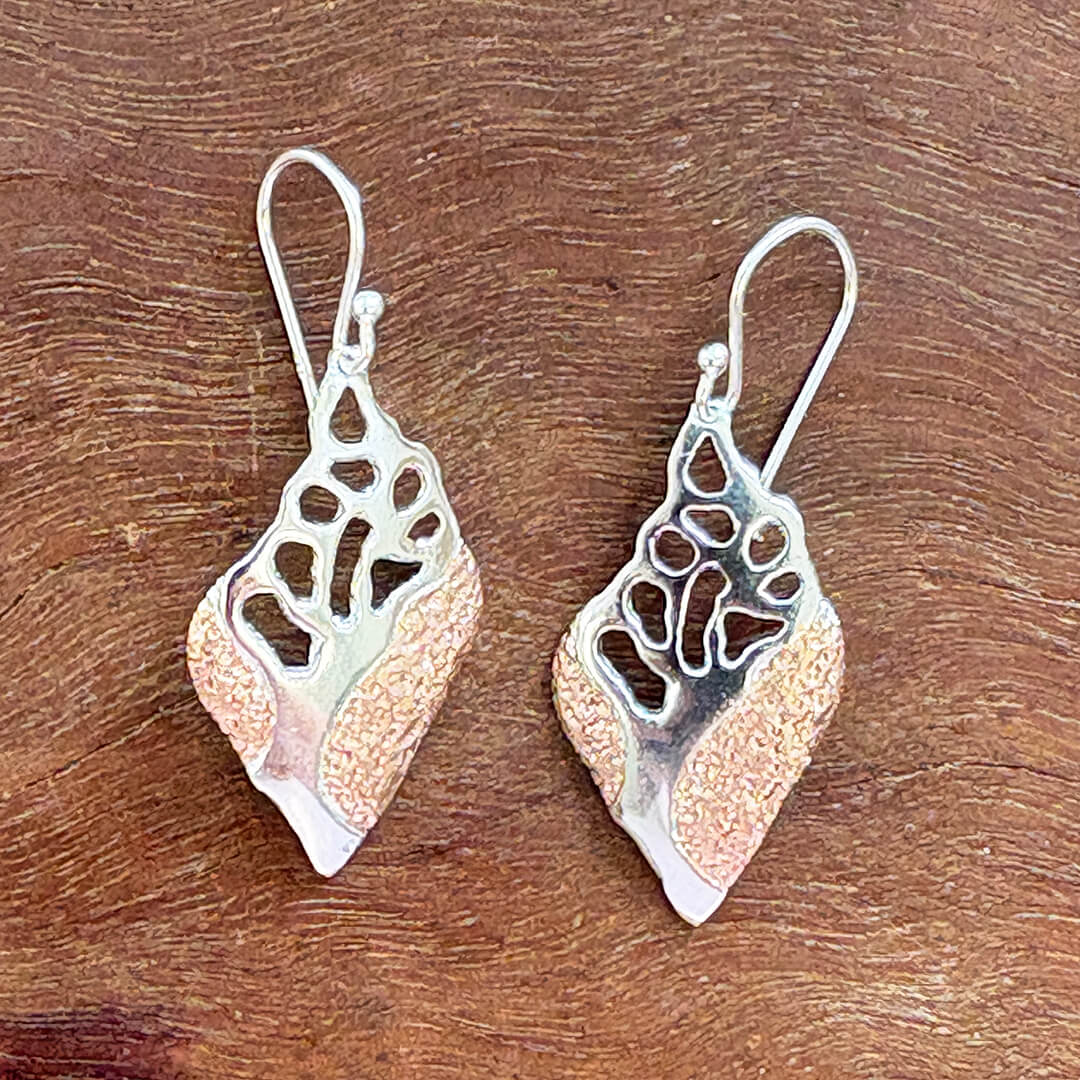 Handmade sterling silver and rose gold leaf earrings with botanical openwork detail – mixed metal artisan jewelry gift for women