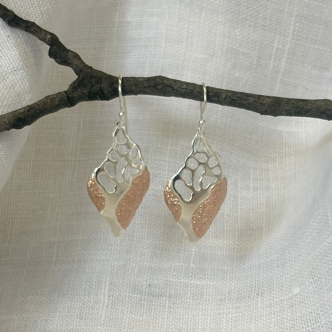 Handmade sterling silver and rose gold leaf earrings with botanical openwork detail – mixed metal artisan jewelry gift for women