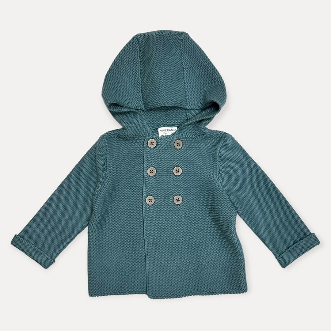 Organic Cotton Blue Hooded Baby Jacket | Chunky Knit Sweater