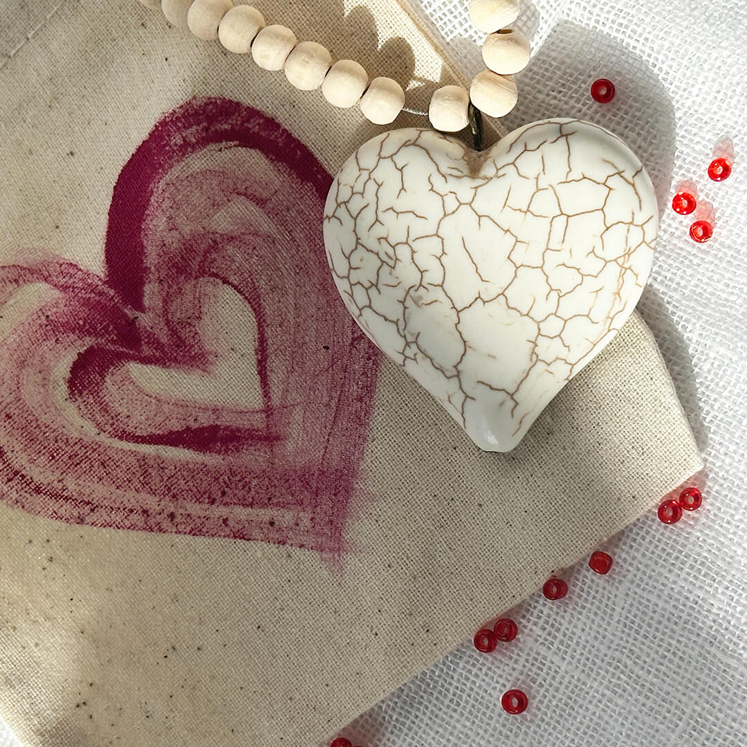 Wood Beaded Necklace with Howlite Heart