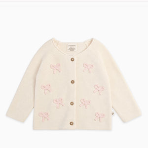 Viverano Natural Organic Cotton Baby Cardigan With Pink Embroidered Bows