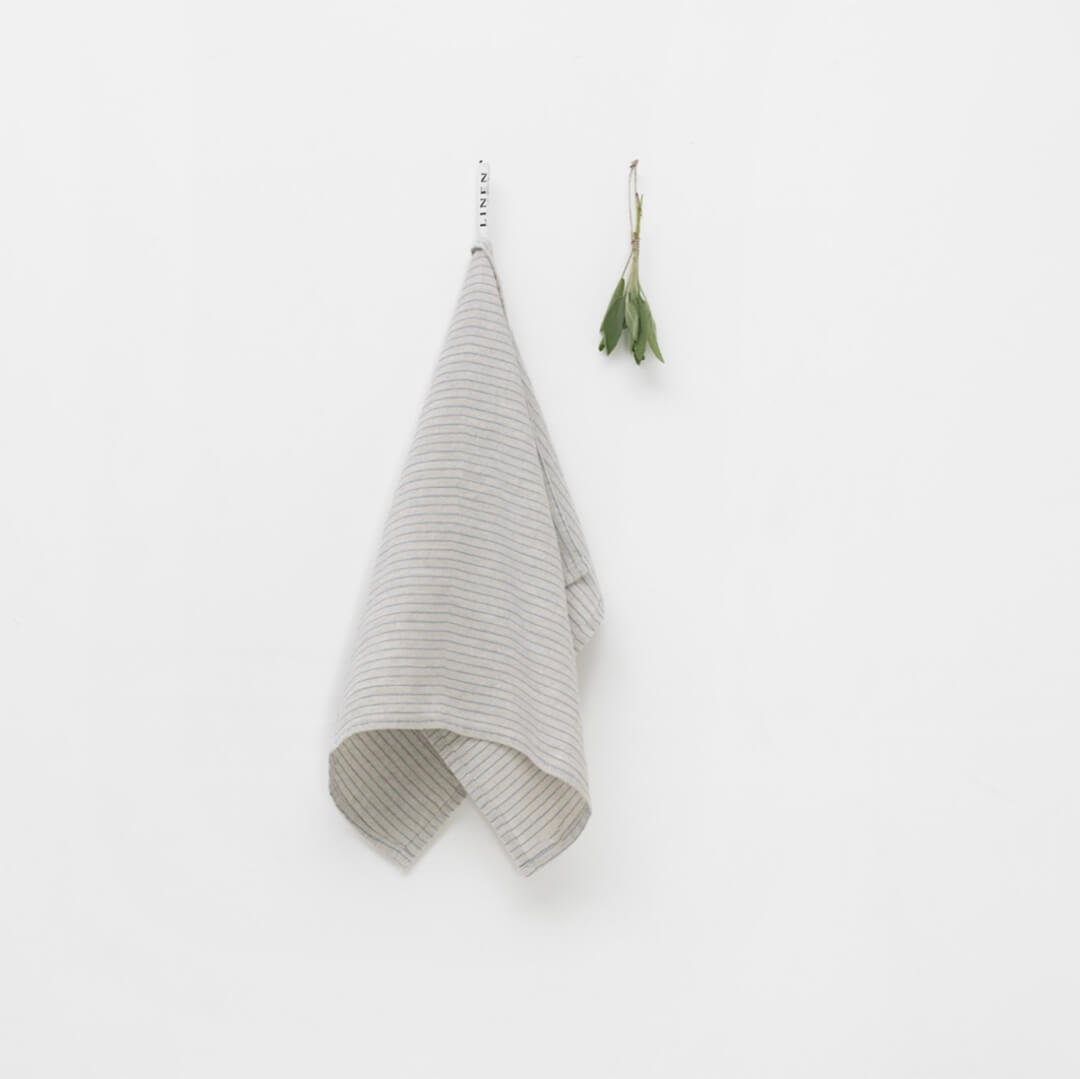 Linen Tales Thin Grey Blue  Stripe Stone Washed Linen Kitchen Towel