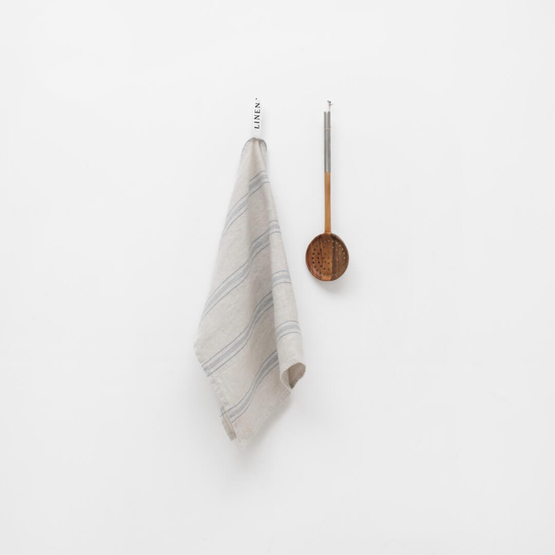 Linen Tales Grey Blue Stripe Stone Washed Linen Kitchen Towel