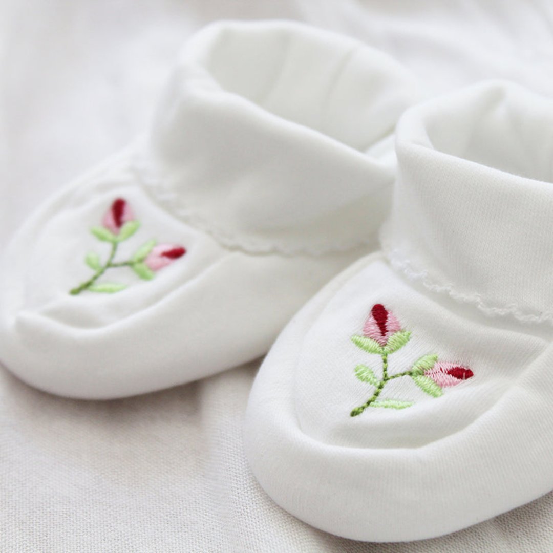 Pima Cotton Baby Booties with Rosebuds